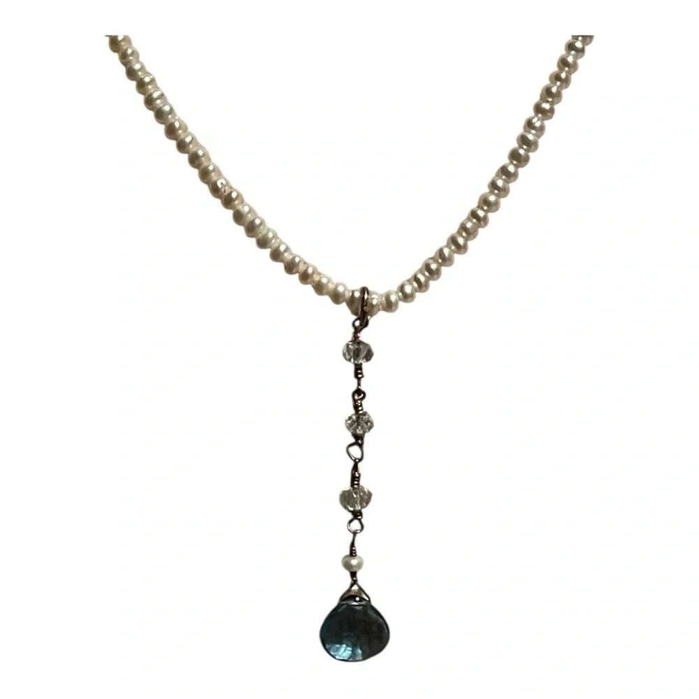Elegant Pearl and Blue Crystal Necklace - 16”